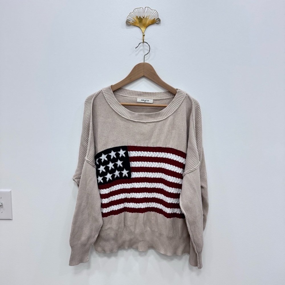 Miracle Knit American Flag Sweater Cream Beige Americana Patriotic Sz M / Sm